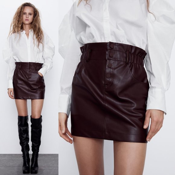 Zara Dresses & Skirts - NEW Zara High Waist Paperbag Button Front Faux Leather Mini Skirt Burgundy Plum